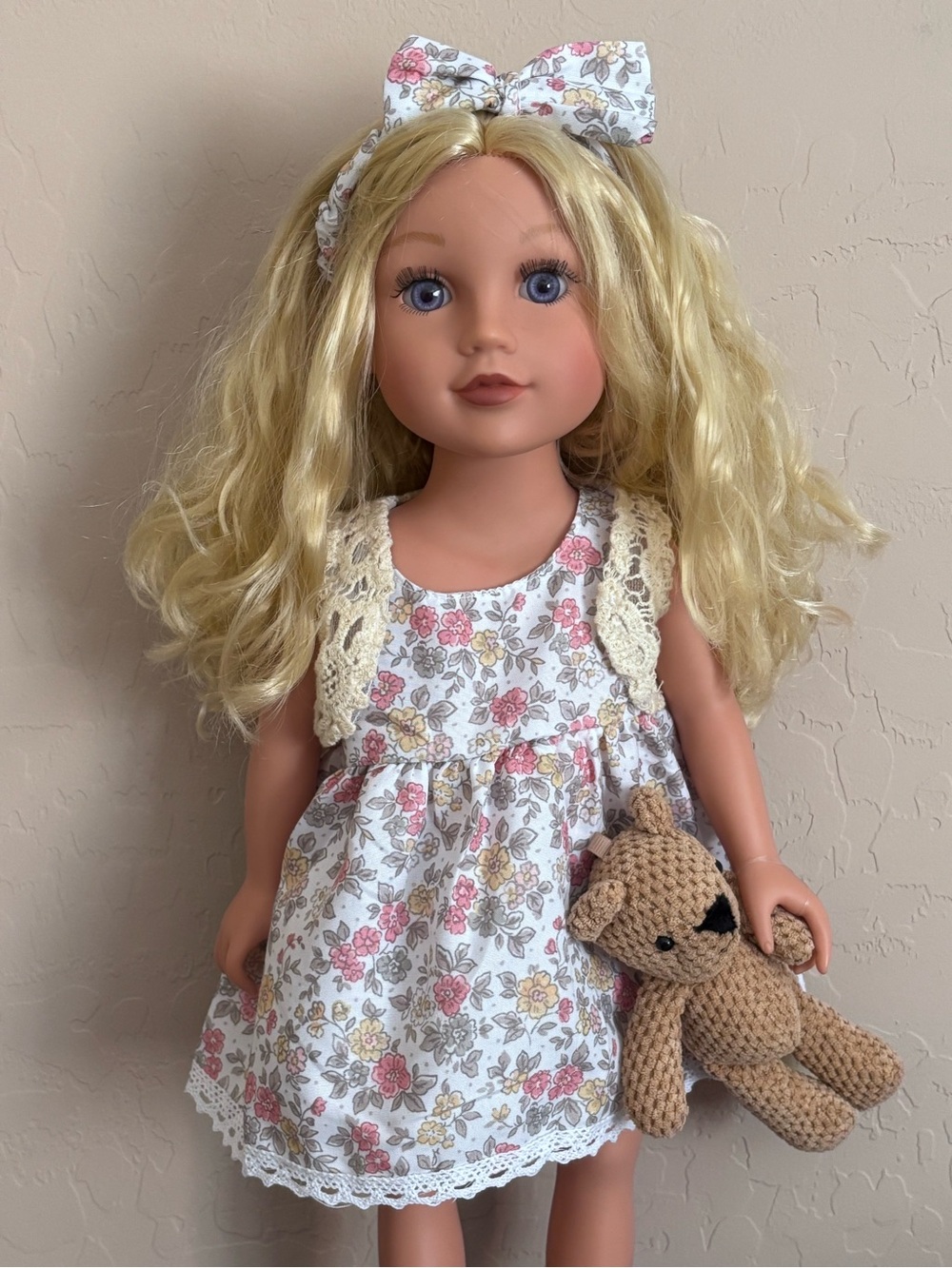Journey Girls 18" Meredith Doll Custom Floral Dress Crochet Vest & Teddy Bear